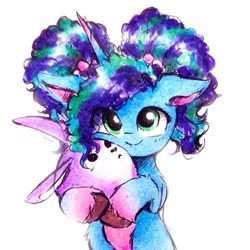 Size: 2285x2285 | Tagged: safe, artist:liaaqila, misty (mlp g5), equine, fictional species, lagomorph, mammal, pony, rabbit, unicorn, hasbro, my little pony, my little pony g5, my little pony: make your mark, spoiler, spoiler:my little pony g5, spoiler:my little pony: make your mark chapter 5, spoiler:mymc05e03, afro puffs, animal, bunnycorn, cute, female, filly, filly misty brightdawn, fluff, foal, hooves, mistybetes, my little pony: make your mark chapter 5, plushie, simple background, smiling, toy, traditional art, unshorn fetlocks, white background, young, younger