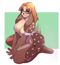 Size: 1000x1081 | Tagged: safe, artist:mojaloo, oc, oc only, lagomorph, mammal, rabbit, anthro, digitigrade anthro, 2023, big breasts, black nose, breasts, clothes, commission, digital art, ears, eyelashes, female, fur, glasses, hair, kneeling, looking at you, one-piece swimsuit, solo, solo female, swimsuit, thighs, wide hips
