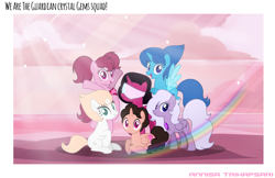 Size: 2675x1734 | Tagged: safe, alternate version, artist:hatsuukki, artist:muhammad yunus, amethyst (steven universe), garnet (steven universe), lapis lazuli (steven universe), pearl (steven universe), spinel (steven universe), steven universe (steven universe), alicorn, alien, earth pony, equine, fictional species, gem (steven universe), hybrid, mammal, pegasus, pony, unicorn, feral, cartoon network, friendship is magic, hasbro, my little pony, steven universe, spoiler, spoiler:steven universe, spoiler:steven universe: the movie, amethyst, base used, crossover, crystal gems (steven universe), female, feralized, furrified, fusion, gem, glasses, group, happy, headwear, hydrokinesis, ibis paint, lapis lazuli, looking at you, magic wings, male, mare, open mouth, open smile, pearl, ponified, rose quartz, sextet, shield, simple background, smiling, smiling at you, spear, species swap, spinel, steven universe: the movie, sunset, sword, teenager, text, visor, water, water wings, watermark, weapon, whip, wings