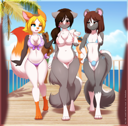 Size: 964x950 | Tagged: suggestive, artist:re-sublimity-kun, oc, oc only, oc:elias larranaga (pluvioskunk), oc:elizabeth larranaga (pluvioskunk), oc:lily cooper (foxybatty), canine, fox, mammal, skunk, anthro, digitigrade anthro, 2017, barefoot, beach, belly button, bikini, black nose, blushing, border, breasts, brown eyes, brown hair, chest fluff, clothes, commission, crossdressing, crotch bulge, cyan eyes, detailed background, digital art, ears, embarrassed, eyelashes, female, femboy, fluff, fur, gray body, gray fur, group, hair, male, micro bikini, one eye closed, outdoors, pink nose, swimsuit, tail, tail fluff, thighs, trio, trio focus, vixen, white body, white fur, wide hips, yellow hair