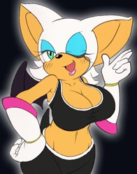 Size: 636x810 | Tagged: safe, artist:habbodude, artist:michiyoshi, rouge the bat (sonic), bat, mammal, anthro, sega, sonic the hedgehog (series), alternate outfit, bat ears, belly button, big breasts, blue eyeshadow, breasts, clothes, crop top, eyelashes, female, gloves, green eyes, midriff, official alternate outfit, one eye closed, pants, solo, solo female, sports bra, tight clothing, topwear, winking, yoga pants