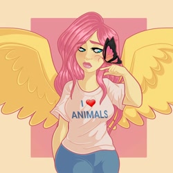 Size: 2000x2000 | Tagged: safe, artist:starsbursts, fluttershy (mlp), animal humanoid, arthropod, butterfly, equine, fictional species, insect, mammal, pegasus, pony, feral, humanoid, lifelike feral, friendship is magic, hasbro, my little pony, 2021, blushing, bottomwear, clothes, cute, denim, feathered wings, feathers, female, hair, high res, humanoidized, jeans, lipstick, makeup, non-sapient, pants, pink hair, realistic, shirt, solo, solo female, species swap, t-shirt, topwear, winged humanoid, wings