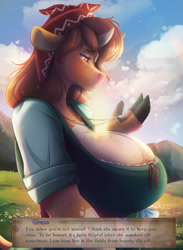 Size: 2750x3750 | Tagged: safe, alternate version, artist:ardail, marion (changeling tale), bovid, cattle, cow, mammal, anthro, changeling tale, breasts, cleavage, clothes, dialogue, female, huge breasts, jewelry, necklace, solo, solo female, talking, topwear
