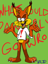 Size: 828x1104 | Tagged: safe, artist:awesomecakester, bubsy (bubsy), bobcat, feline, lynx, mammal, anthro, bubsy (series), 2017, bottomless, clothes, exclamation point, featureless crotch, full body, green background, male, nudity, partial nudity, shirt, shrug, simple background, solo, solo male, topwear, white shirt