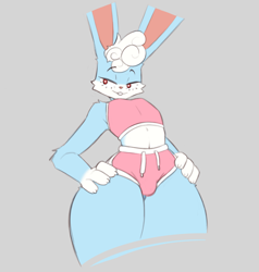 Size: 1730x1819 | Tagged: suggestive, artist:ttothep arts, oc, lagomorph, mammal, rabbit, anthro, belly button, blue body, blue fur, buckteeth, bulge, bunny ears, clothes, crop top, femboy, fur, gray background, hand on hip, male, midriff, red eyes, simple background, solo, solo male, teeth, topwear, underwear, wide hips