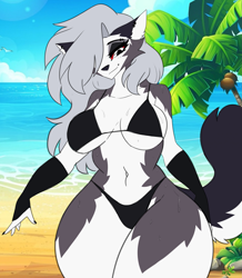 Size: 1793x2055 | Tagged: safe, artist:andromeda-james, loona (vivzmind), canine, fictional species, hellhound, mammal, anthro, hazbin hotel, helluva boss, 2023, absolute cleavage, almost nude, beach, belly button, bikini, breasts, cleavage, clothes, collar, colored sclera, detailed background, digital art, ears, eyelashes, female, gray hair, hair, looking at you, red sclera, solo, solo female, spiked collar, swimsuit, tail, thighs, wide hips
