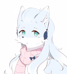 Size: 2346x2583 | Tagged: safe, artist:kyuukon, oc, oc only, oc:kyuu (kyuukon), alolan ninetales, fictional species, ninetales, nintendo, pokémon, 2023, blue nose, bust, clothes, fur, looking at you, male, open mouth, pink clothing, portrait, scarf, simple background, solo, solo male, teal body, teal eyes, teal fur, white background