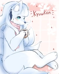 Size: 2121x2640 | Tagged: safe, artist:kyuukon, oc, oc only, oc:kyuu (kyuukon), alolan ninetales, fictional species, ninetales, feral, nintendo, pokémon, 2022, abstract background, blush lines, blushing, character name, clothes, container, cup, ear fluff, ear piercing, earring, fluff, fur, looking at you, male, multiple tails, paws, piercing, pink clothing, scarf, solo, solo male, tail, text, white body, white fur
