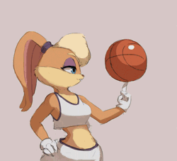 Size: 881x800 | Tagged: safe, artist:tuxedopato, lola bunny (looney tunes), lagomorph, mammal, rabbit, anthro, looney tunes, space jam, warner brothers, 2d, 2d animation, animated, ball, basketball, breasts, clothes, crop top, dialogue, english text, female, frame by frame, gif, gray background, hand on chest, midriff, simple background, solo, solo female, talking, talking to viewer, text, topwear, uniform