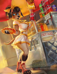 Size: 791x1024 | Tagged: safe, artist:sixthleafclover, canine, dachshund, dog, mammal, anthro, bottomwear, bow, breasts, chips, cleavage, clothes, crop top, drink, ear piercing, female, food, hair bow, hot dog, jewelry, ketchup, looking at you, midriff, mustard, necklace, open toe footwear, outdoors, piercing, shirt, skirt, smiling, smiling at you, sneakers, socks, soda, soda can, solo, solo female, tongs, topwear, umbrella
