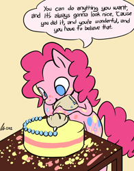 Size: 1100x1400 | Tagged: safe, artist:rwl, pinkie pie (mlp), earth pony, equine, fictional species, mammal, pony, friendship is magic, hasbro, my little pony, advice, baking, cake, caption, cooking, dialogue, food, steve ross, talking