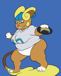 Size: 800x1000 | Tagged: safe, alolan raichu, fictional species, mammal, raichu, nintendo, pokémon, alolan variant, big breasts, bottomless, breasts, clothes, fat, fat roll, jersey, nudity, obese, overweight, partial nudity, sports, sportswear