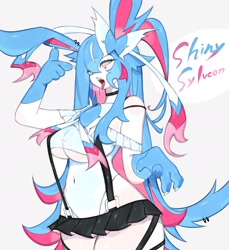 Size: 1662x1817 | Tagged: suggestive, artist:toge77789, eeveelution, fictional species, mammal, shiny pokémon, sylveon, anthro, nintendo, pokémon, 2023, big breasts, black nose, bottomwear, breasts, clothes, digital art, ears, eyelashes, female, fur, hair, leotard, looking at you, micro skirt, open mouth, ribbons (body part), simple background, skirt, solo, solo female, tail, thighs, tongue, underboob, white background, wide hips
