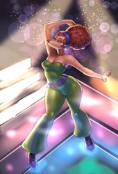 Size: 1391x2048 | Tagged: safe, artist:redustheriotact, canine, dog, mammal, anthro, afro, an extremely goofy movie, bedroom eyes, belly button, belt, big breasts, bracelet, breasts, cleavage, clothes, curled hair, disco, ear piercing, earring, female, hair, hairband, jewelry, piercing, red hair, smiling, solo, solo female, sylvia marpole (an extremely goofy movie), thick thighs, thighs, wide hips