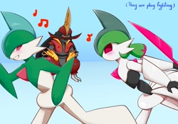 Size: 2048x1430 | Tagged: safe, artist:piscesonu, fictional species, gallade, iron valiant, robot, nintendo, pokémon, spoiler:pokémon gen 9, spoiler:pokémon scarlet and violet, black sclera, blue background, blushing, colored sclera, eyes closed, future pokémon, genderless, grin, kingambit, male, musical note, paradox pokémon, red eyes, running, simple background, sitting