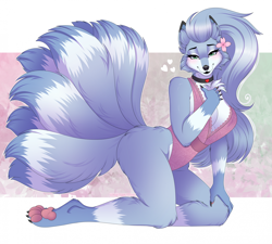Size: 2022x1822 | Tagged: safe, artist:xchaiteakittenx, oc, oc only, canine, fictional species, fox, kitsune, mammal, anthro, digitigrade anthro, 2023, bedroom eyes, black nose, breasts, clothes, commission, digital art, ears, eyelashes, female, fur, hair, kneeling, looking at you, multiple tails, nine tails, one-piece swimsuit, simple background, solo, solo female, swimsuit, tail, thighs, vixen, wide hips