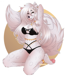 Size: 1795x2053 | Tagged: safe, artist:xchaiteakittenx, oc, oc only, big cat, feline, leopard, mammal, anthro, digitigrade anthro, 2023, armpits, arms behind head, bikini, black nose, breasts, clothes, commission, digital art, ears, eyelashes, female, fur, hair, kneeling, looking at you, one eye closed, simple background, solo, solo female, swimsuit, tail, thighs, wide hips
