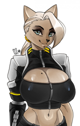 Size: 1538x2396 | Tagged: safe, artist:archvile, oc, oc only, cat, feline, mammal, anthro, 2023, black nose, breasts, clothes, digital art, ears, eyelashes, female, fur, hair, huge breasts, jacket, shirt, simple background, solo, solo female, tail, thighs, topwear, wide hips