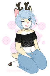 Size: 828x1259 | Tagged: safe, artist:pinkervi, oc, cervid, deer, mammal, anthro, antlers, barefoot, belly button, blue eyes, blue hair, buck, clothes, crop top, cropped shirt, deer ears, deer tail, femboy, hair, jeans, male, midriff, one eye closed, pants, seiza, short hair, simple background, sitting, solo, solo male, tongue, tongue out, topwear, transparent background, winking