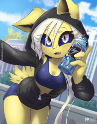 Size: 1121x1435 | Tagged: safe, artist:rilexlenov, eeveelution, fictional species, jolteon, mammal, anthro, nintendo, pokémon, 2023, belly button, bottomwear, breasts, clothes, detailed background, digital art, ears, eyelashes, female, fluff, fur, hair, hoodie, neck fluff, open mouth, short tail, shorts, solo, solo female, tail, thighs, tongue, topwear, water bottle, wide hips