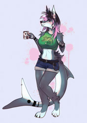 Size: 600x848 | Tagged: safe, artist:n3mroth, oc, oc only, canine, fish, hybrid, mammal, shark, wolf, anthro, barefoot, belly button, belt, black hair, bottomwear, clothes, coffee mug, commission, crop top, denim shorts, female, fins, fish tail, gray background, hair, jean shorts, midriff, pink highlights, shark tail, short shorts, shorts, simple background, solo, solo female, tail, topwear