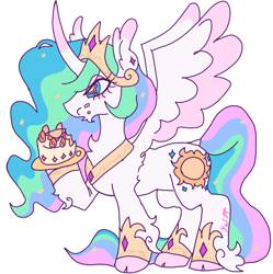 Size: 1066x1072 | Tagged: safe, artist:eat-horse-shoot, princess celestia (mlp), alicorn, equine, fictional species, mammal, pony, feral, friendship is magic, hasbro, my little pony, 2023, cake, crown, eyelashes, female, food, hair, headwear, hoof shoes, hooves, horn, jewelry, mane, mare, peytral, regalia, solo, solo female, sparkly hair, sparkly mane, sparkly tail, unshorn fetlocks, wingding eyes