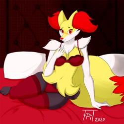 Size: 1280x1280 | Tagged: safe, artist:foxy-pit, braixen, fictional species, anthro, digitigrade anthro, nintendo, pokémon, 2018, black nose, bra, breasts, clothes, digital art, ear fluff, ears, eyelashes, female, fluff, fur, hair, legwear, looking at you, neck fluff, panties, shoulder fluff, sitting on bed, solo, solo female, starter pokémon, stockings, tail, thighs, underwear, wide hips