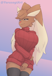 Size: 750x1100 | Tagged: safe, artist:yorusagi, fictional species, lopunny, mammal, anthro, nintendo, pokémon, 2022, arm under breasts, black sclera, breasts, clothes, colored sclera, digital art, ears, eyelashes, female, fur, glasses, hair, legwear, looking at you, pink nose, smiling, smiling at you, solo, solo female, stockings, sweater, tail, thighs, topwear, wide hips