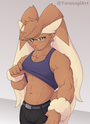 Size: 700x960 | Tagged: safe, artist:yorusagi, fictional species, lopunny, mammal, anthro, nintendo, pokémon, 2022, abs, black sclera, bottomwear, buff, clothes, colored sclera, digital art, ears, female, fur, glasses, hair, male, muscles, muscular female, pants, pecs, shirt, shirt lift, solo, solo male, tail, thighs, topwear