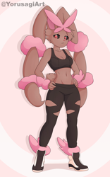 Size: 800x1279 | Tagged: safe, artist:yorusagi, fictional species, lopunny, mammal, mega lopunny, mega pokémon, shiny pokémon, anthro, nintendo, pokémon, 2021, arm fluff, black sclera, breasts, clothes, colored sclera, commission, crop top, digital art, ear fluff, ears, eyelashes, female, fluff, fur, hair, pink nose, shoes, simple background, solo, solo female, sports bra, sports pants, tail, thighs, topwear, wide hips