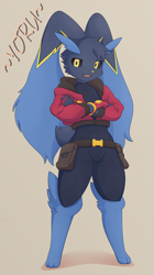 Size: 600x1069 | Tagged: safe, artist:yorusagi, oc, oc only, fictional species, lopunny, mammal, anthro, digitigrade anthro, nintendo, pokémon, 2021, black sclera, clothes, colored sclera, crossed arms, digital art, ears, eyelashes, female, fur, simple background, solo, solo female, tail, thighs