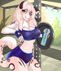 Size: 2587x3000 | Tagged: source needed, safe, artist:hummer, oc, oc:amber (inu), feline, mammal, bench press, breasts, clothes, crop top, ear fluff, eyebrow through hair, eyebrows, female, fingerless gloves, fluff, form fitting clothing, fur, gloves, gym, hair, heart pattern, lights, long hair, looking at you, nails, plant, rail, sharp nails, smiling, solo, solo female, sports bra, sports gloves, sports panties, sports top, spots, spotted fur, tail, tail fluff, topwear, water, water bottle, weights, whiskers, window