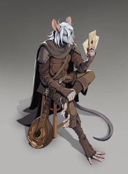 Size: 1294x1748 | Tagged: safe, artist:shamerli, oc, mammal, rat, rodent, anthro, 2023, bard, boots, bottomwear, cape, clothes, digital art, ears, fur, gray background, gray body, gray fur, gray hair, green eyes, hair, letter, lute, male, musical instrument, pants, paws, shoes, simple background, sitting, solo, solo male, stool, tail, topwear