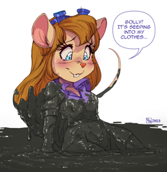 Size: 1644x1687 | Tagged: suggestive, artist:doronkomajo, gadget hackwrench (chip 'n dale: rescue rangers), mammal, mouse, rodent, anthro, chip 'n dale: rescue rangers, disney, 2023, blue eyes, blushing, breasts, brown hair, dialogue, dirty, eyebrows, eyelashes, female, fur, goggles, goggles on head, hair, jumpsuit, long hair, mud, small breasts, smiling, solo, solo female, talking