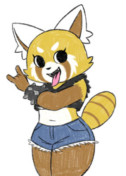 Size: 530x741 | Tagged: safe, artist:heyitsfia, retsuko (aggretsuko), mammal, red panda, anthro, aggretsuko, sanrio, \m/, belly button, bottomwear, clothes, crop top, female, midriff, red panta, short shorts, shorts, simple background, solo, solo female, spiked bracelet, striped tail, stripes, tail, tongue, tongue out, topwear, white background