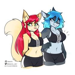 Size: 1200x1200 | Tagged: safe, artist:ambris, oc, oc only, oc:erika (ambris), oc:rose (ambris), canine, fish, fox, mammal, shark, anthro, 2023, adidas, belly button, bottomwear, breasts, clothes, crop top, detailed background, digital art, duo, duo female, ears, eyelashes, female, females only, fins, fish tail, fur, hair, meme, midriff, scales, shark tail, shorts, simple background, sports bra, sports shorts, tail, thighs, topwear, vixen, white background, wide hips