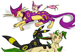 Size: 1024x716 | Tagged: safe, artist:hawkfire45, oc, oc:haruki, oc:ichigo, oc:isis, oc:mimi, eeveelution, fictional species, leafeon, liepard, mammal, skitty, umbreon, feral, nintendo, pokémon, 2014, annoyed, ear biting, female, females only, group, lying down, siblings, simple background, sister, sisters, white background, younger siblings