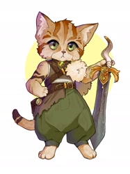 Size: 2048x2732 | Tagged: safe, artist:fluffychikorita, oc, oc only, cat, feline, fictional species, mammal, tabaxi, anthro, digitigrade anthro, dungeons & dragons, 2023, big sword, bottomwear, clothes, commission, commissions open, digital art, ears, fluff, fur, green eyes, male, pants, paws, shirt, simple background, solo, solo male, standing, tail, tan body, tan fur, topwear