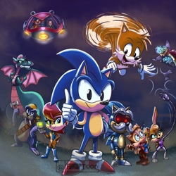 Size: 1070x1070 | Tagged: safe, artist:fliviartoon, antoine d'coolette (sonic), bunnie rabbot (sonic), doctor eggman (sonic), dulcy the dragon (sonic), miles "tails" prower (sonic), princess sally acorn (sonic), rotor the walrus (sonic), sir charles the hedgehog (sonic), snively (sonic), sonic the hedgehog (sonic), uncle chuck (sonic), canine, chipmunk, coyote, dragon, fictional species, fox, human, lagomorph, mammal, rabbit, robot, rodent, walrus, western dragon, sega, sonic the hedgehog (satam), sonic the hedgehog (series), cyborg, female, male