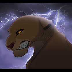 Size: 894x894 | Tagged: safe, artist:cwenthryth, kiara (the lion king), big cat, feline, lion, mammal, feral, disney, the lion king, angry, female, growling, head shot, lightning, lioness, rain, solo, solo female, storm, teeth