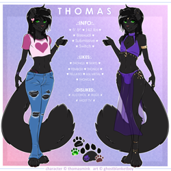 Size: 3000x3000 | Tagged: suggestive, artist:thomasmink, oc, oc only, mammal, mink, mustelid, anthro, barefoot, belly button, black body, black fur, black hair, bracelet, bulge, character sheet, clothes, crop top, cropped shirt, denim, ear piercing, femboy, fur, green eyes, hair, hair ornament, highleg panties, jeans, jewelry, loincloth, long hair, male, midriff, panties, pants, piercing, pink panties, purple panties, ring, ripped jeans, ripped pants, solo, solo male, tail, topwear, torn clothes, underwear