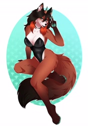 Size: 2867x4096 | Tagged: safe, artist:xchaiteakittenx, oc, oc only, canine, demon, fictional species, fox, mammal, anthro, digitigrade anthro, 2023, big breasts, black nose, breasts, clothes, commission, digital art, ears, eyelashes, female, fur, hair, horns, leotard, looking at you, simple background, solo, solo female, tail, thick thighs, thighs, vixen, wide hips