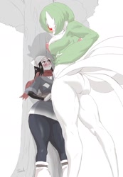 Size: 1378x1995 | Tagged: suggestive, artist:plasmid, alpha pokémon, fictional species, gardevoir, human, mammal, anthro, nintendo, pokémon, akari (pokémon), bottomwear, breasts, butt, clothes, duo, duo female, female, females only, gripping, looking at each other, nudity, partial nudity, plant, pokémon legends: arceus, pokémon trainer, red eyes, size difference, skirt, skirt lift, smiling, tree