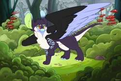 Size: 2000x1338 | Tagged: safe, artist:bomi, angel, dragon, fictional species, feral, adoptable, angel dragon, black body, black fur, bush, cheek fluff, ear fluff, fluff, forest, forked tongue, fur, multicolored fur, mushroom, open species, outdoors, paws, plant, spread wings, tail, tongue, tongue out, tree, white body, white fur, wings