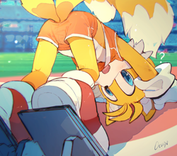 Size: 2146x1890 | Tagged: safe, artist:狗不理栗子好吃吗, miles "tails" prower (sonic), canine, fox, mammal, red fox, sega, sonic the hedgehog (series), 2021, 2d, abstract background, blushing, bottomwear, clothes, crop top, face down ass up, looking at you, looking back, looking back at you, male, open mouth, question mark, shorts, signature, solo, solo male, sports shorts, stadium, topwear, tracksuit, young