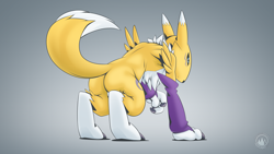 Size: 2560x1440 | Tagged: safe, artist:mysticalpha, fictional species, renamon, anthro, digitigrade anthro, digimon, 2023, all fours, black nose, black sclera, breasts, butt, clothes, colored sclera, digital art, ears, evening gloves, eyelashes, female, fluff, fur, gloves, long gloves, neck fluff, pose, rear view, simple background, solo, solo female, tail, thighs, wide hips