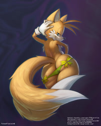 Size: 900x1121 | Tagged: suggestive, artist:totesfleisch8, miles "tails" prower (sonic), canine, fox, mammal, red fox, anthro, sega, sonic the hedgehog (series), 2021, butt, chest fluff, clothes, digital art, ears, femboy, fluff, fur, gloves, hair, male, multiple tails, panties, pose, rear view, simple background, solo, solo male, tail, thighs, two tails, underwear, wide hips