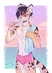 Size: 921x1280 | Tagged: safe, artist:fumiko, oc, cheetah, feline, mammal, anthro, 2019, black hair, clothes, container, cream body, cream fur, cup, digital art, drinking, drinking straw, ear fluff, ears, fluff, fur, glasses, hair, looking at you, male, outdoors, solo, solo male, spots, spotted fur, standing, sunglasses, sunset, swim trunks, swimsuit, tail, tan body, tan fur, towel