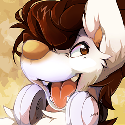 Size: 400x400 | Tagged: safe, artist:jeniak, oc, oc only, canine, mammal, anthro, 1:1, 2012, abstract background, androgynous, brown hair, fur, hair, headphones, headwear, low res, open mouth, open smile, smiling, solo, white body, white fur, yellow nose