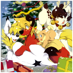 Size: 884x884 | Tagged: safe, artist:jeniak, oc, oc only, canine, dog, mammal, feral, 2012, ambiguous gender, blonde hair, border, christmas, christmas tree, conifer tree, fur, gift, group, hair, holiday, red body, red fur, solo, tree, white body, white border, white fur, yellow hair